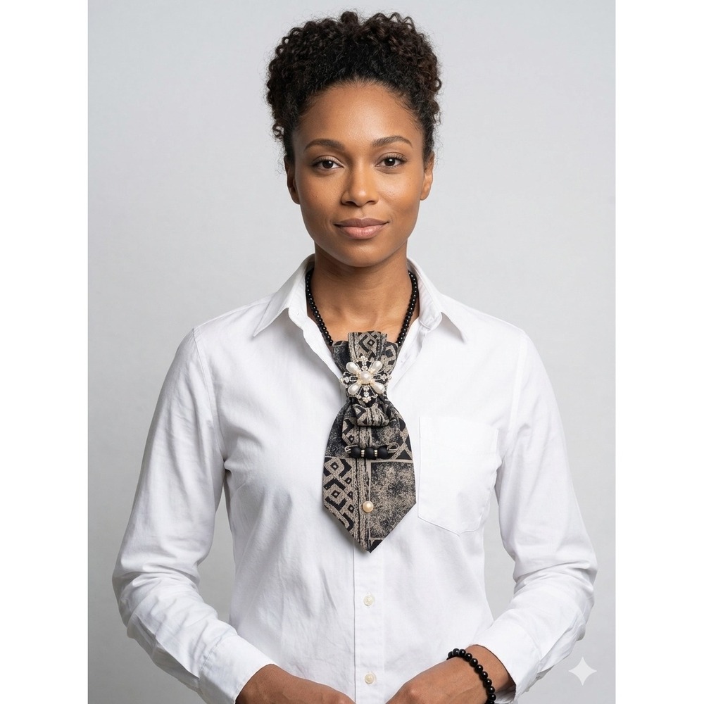 Brittany Bay Necktie Necklace Set Geometric Print Brooch Earrings Bracelet Black
